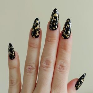 Black Almond Press On Nails with Gold Flakes - New Hand Painted